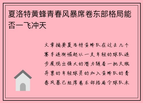 夏洛特黄蜂青春风暴席卷东部格局能否一飞冲天
